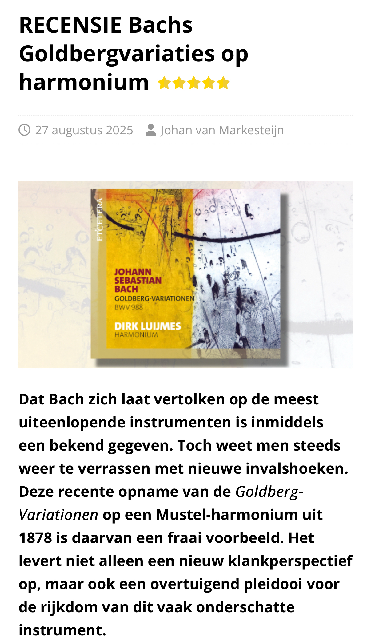 RECENSIE Bachs Goldbergvariaties op harmonium - Orgelnieuws.nl